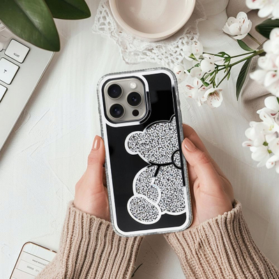 Maskë telefoni Teddy Bear për iPhone 12 / 12 Pro, PU TPU, ngjyrë argjendi