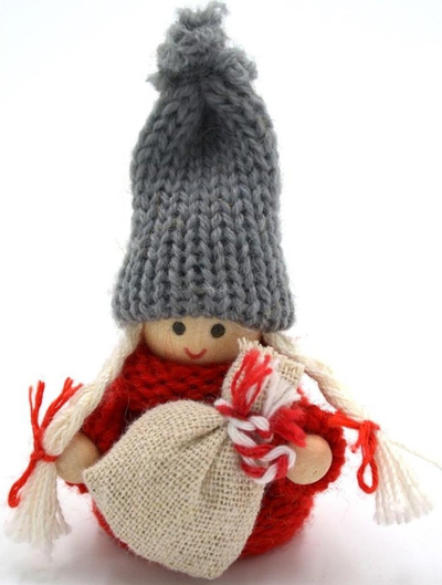 Varëse dekorative Krishtlindjesh Saska Christmas Hanging Doll, kukull me zile, druri dhe tekstil, e kuqe gri