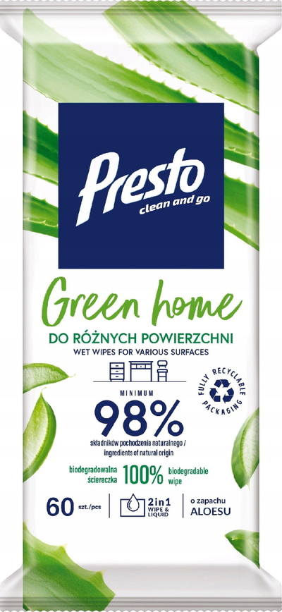Shirita pastrimi Presto Green Home, 60 copë, për shumë sipërfaqe, aromë aloe