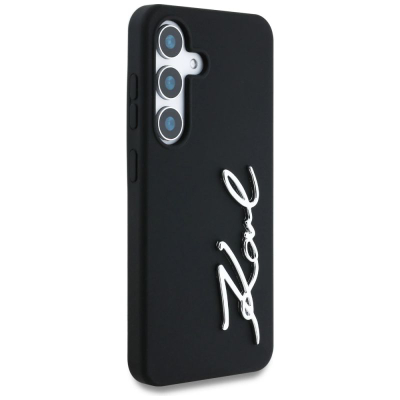 Kapak telefoni Karl Lagerfeld Silicone Metal Signature Logo, për Samsung Galaxy S25, silikon, i zi