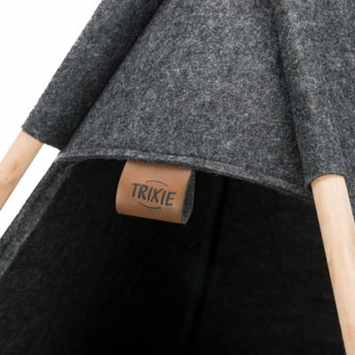 Tendë tipi për mace Trixie Tipi, me jastëk me lesh, me skelet druri, gri e errët