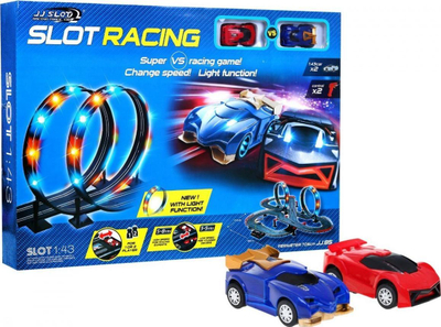 Lojë pistë garash JJ Slot Racing, shkalla 1:43, me drita LED, shumëngjyrëshe