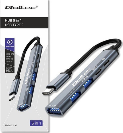 USB HUB Qoltec 5 në 1, USB C 3.1, PD, gri