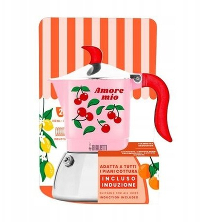 Xhezve për moka Bialetti Fiammetta Induction Cherries, për soba me induksion, trup rozë me qershi, dorezë e kuqe