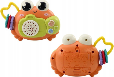 Играчка проектор за бебиња Crab Camera Rattle, со звуци, на батерии, портокалова