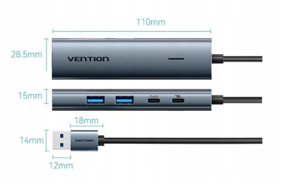 HUB USB Vention TGXHB, 5 me 1, nga USB-A në USB-C edhe 3x USB 3.0, 0.15m, gri
