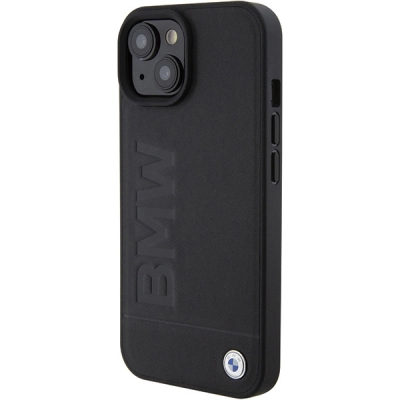 Këllëf telefoni BMW Leather Hot Stamp për iPhone 15 6.1", lëkurë, i zi