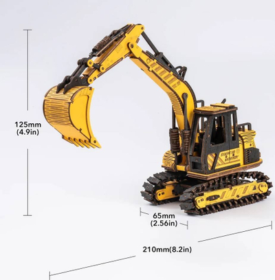 Puzzle 3D druri Robotime ROETG508K Eskavator, model inxhinierik, me bojë të verdhë