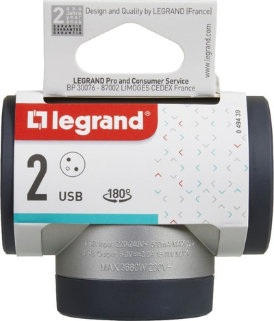 Ndajës rryme Legrand Rotating 049439, 2x2P+E, porta USB A dhe USB C, ngjyrë alumini