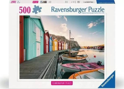 Puzzle Ravensburger Floating Houses in Smögen Sweden, 500 pjesë, peizazh bregdetar, shumëngjyrësh