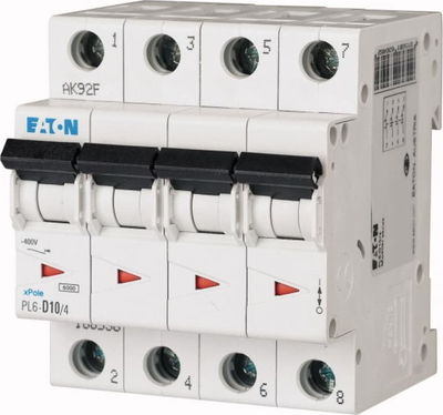 Ndërprerës modular Eaton PL6-D10/4, 4‑polësh, 10A, i bardhë