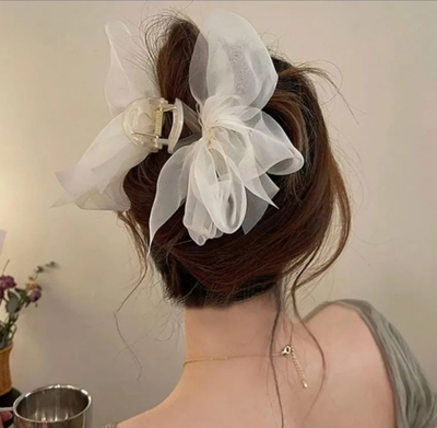 Klip flokësh Ecarla Tulle Bow, fjongo tyl, e bardhë