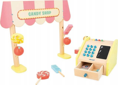 Lodër dyqan ëmbëlsirash Janod Applepop Candy Shop, dru, me arkë lodër, me ngjyra pastel
