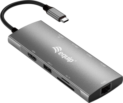 Адаптер USB-C Equip 133490, 9 во 1, HDMI 4K 60Hz, гигабит LAN, сива