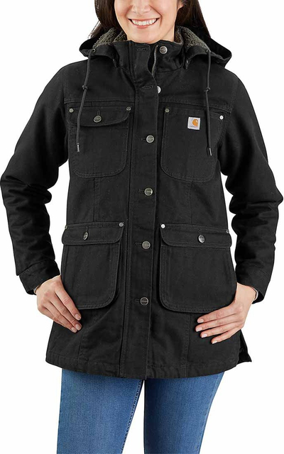 Xhaketë për femra Carhartt Loose Fit Washed Duck, me kapuç, me mbushje Sherpa, e zezë