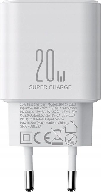 Karikues Joyroom JR-TCF05, 20W PD QC, me 2 porta USB A dhe C, i bardhë