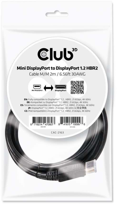 Kабел Mini DisplayPort во DisplayPort Club3D, 2m, 4K 60Hz, црн