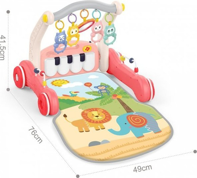 Tapet interaktiv për bebe Woopie Baby 2 në 1 walker me piano, me rrota, me figurina të varura, rozë