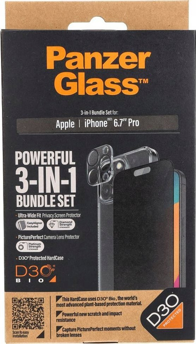 Set mbrojtës 3 në 1 PanzerGlass iPhone 15 Pro Max, xham privacy, mbrojtës kamerë dhe maskë transparente