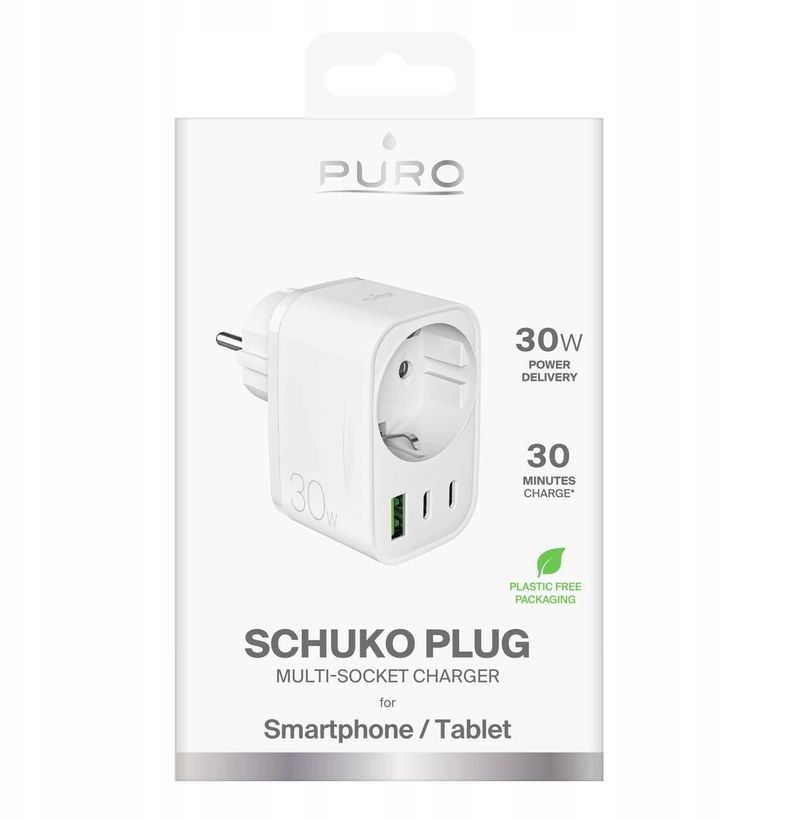 Karikues Puro 30W Power Delivery, 2x USB C, 1x USB A, i bardhë