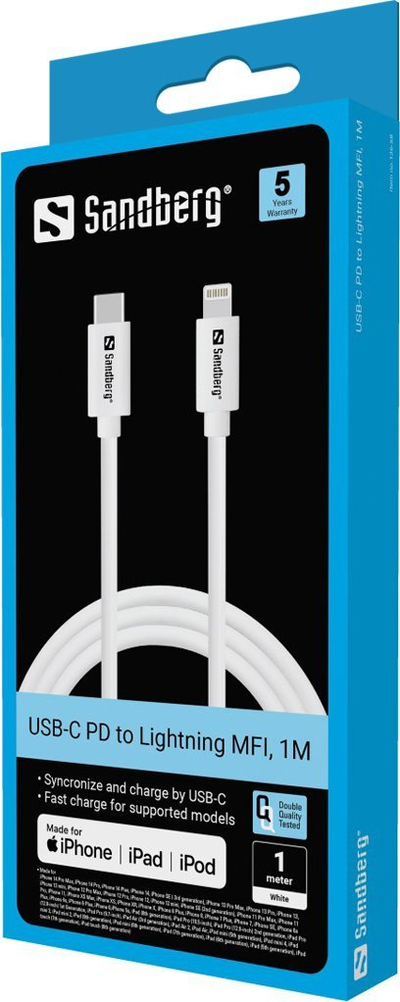 Kabllo karikimi Sandberg USB C në Lightning, 1m, PD, e bardhë