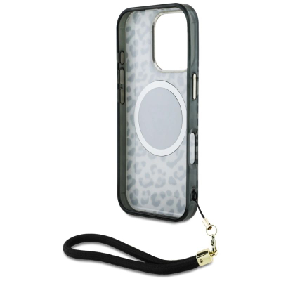 Guaskë telefoni Guess HC IML Leopard Triangle, për iPhone 16 Pro, MagSafe, me rrip, e zezë