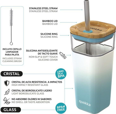 Gotë qelqi Quokka Mug me pipëz, 540ml, me pipëz inoksi, Teal Gradient