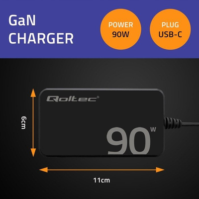 Полнач за мрежа Qoltec 90W GaN PD, USB C 3.1, црн