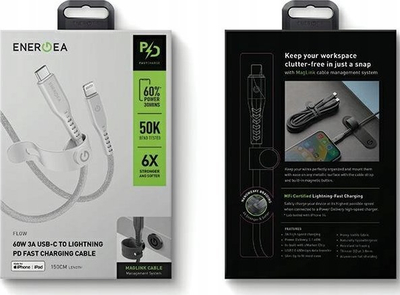 Kabllo Energea Cable Flow USB C në Lightning C94, 1.5m, 60W 3A PD, e bardhë