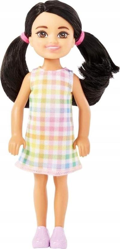 Kukull Barbie Chelsea Doll, e vogël, me flokë të zinj, me fustan shumëngjyrësh