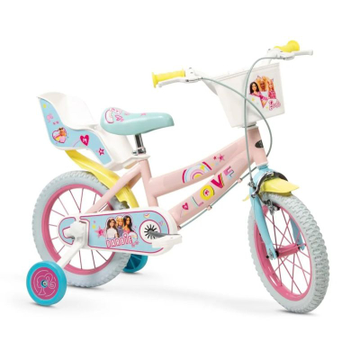 Bicikletë për kalamoj Toimsa Barbie, 12", me rrota ndihmëse, shumëngjyrëshe
