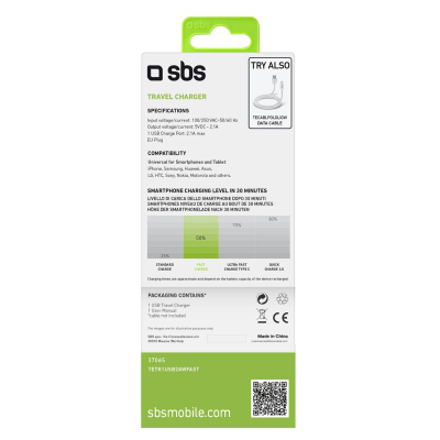 Karikues muri SBS Mobile TETR1USB2AWFAST, 1x USB A, 2.1A, i bardhë