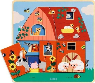 Puzzle me shtresa Djeco Chez Moo, puzzle druri, shumëngjyrësh