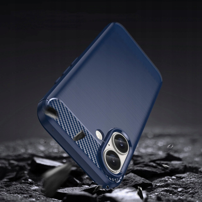 Këllëf silikoni për telefon Apple iPhone 16, efekt karboni, blu