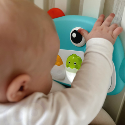 Lodër piano për bebe Woopie Baby Dino, 4 taste, me drita e muzikë, ngjyrë blu