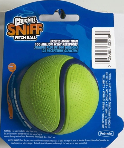 Top lojrash për qen Chuckit Sniff Fetch Ball, erë gjalp kikiriku, përmasa medium, jeshil