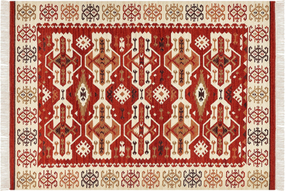 Qilim kilim boho, 200 x 300 cm, lesh edhe pambuk, shumëngjyrësh me pupla