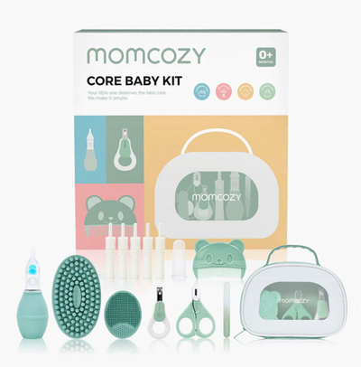 Set kujdesi për bebe Momcozy Core Baby Kit, 0+ muajsh, valixhe me gjëra brenda, jeshile me të bardhë