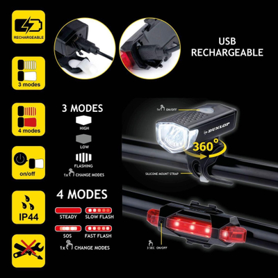Set drita biçiklete Dunlop 473758, LED, karikim USB, IP44