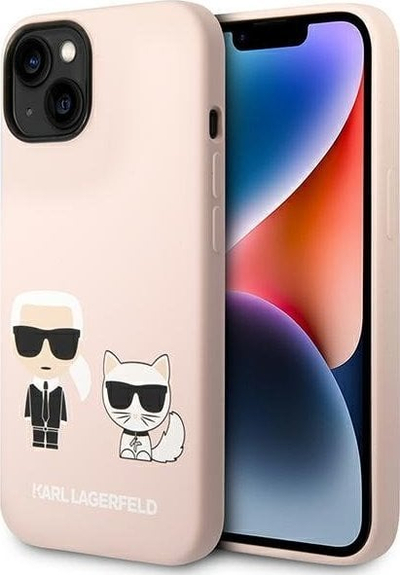 Mаска за телефон Karl Lagerfeld Karl and Choupette за iPhone 14, течен силикон, MagSafe, розова