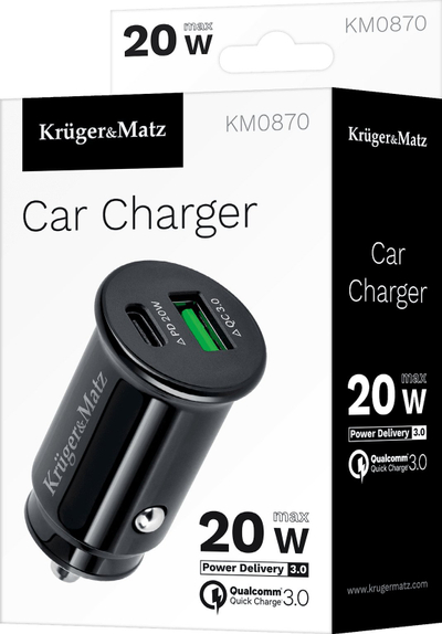Karikues makine Kruger&amp;Matz KM-CAR20, 2x USB 20W, Quick Charge 3.0 Power Delivery, i zi