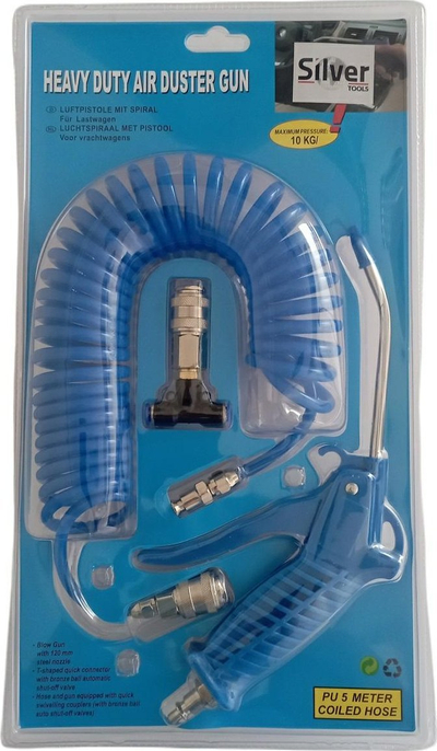 Pistoletë ajri Silver Tools Heavy Duty, me zorrë spirale 5 m, presion maksimum 10 bar, blu