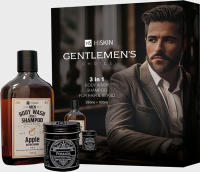 Set kujdesi për burra Hiskin Gentleman`s Choice, xhel dushi dhe shampo 3 në 1 330 ml, pomadë për flokë dhe mjekër 100 ml
