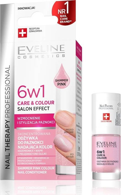 Кондционер за нокти Eveline Nail Therapy 6in1, SHIMMER PINK, розова со сјај