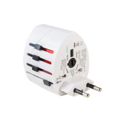 Универзален патен адаптер SPACER, 2x USB, 110–250V, бел