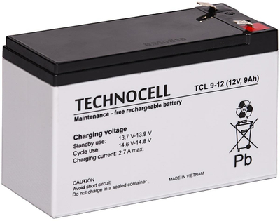 Bateri TECHNOCELL TCL9-12, 12V 9Ah AGM për UPS edhe alarme, e zezë
