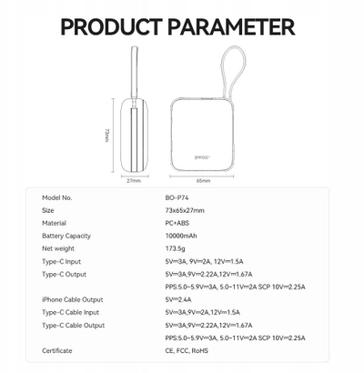 Powerbank BWOO P74, 10000 mAh, 22.5W, me kabllo USB-C dhe Lightning, argjendtë