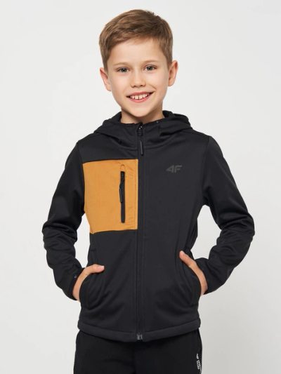 Xhaket softshell për çuna 4F 4FJSS23TSOFM041, me kapuç, 140 cm, e zezë