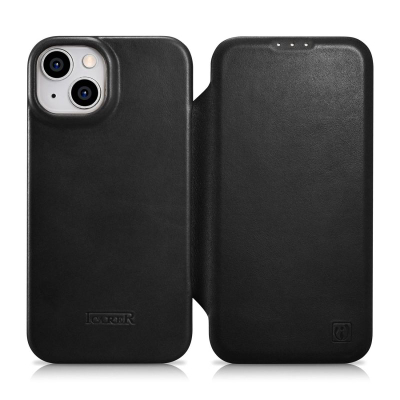 Kuti lëkure iCarer CE Oil Wax për iPhone 14 Plus, tip libër, MagSafe, e zezë