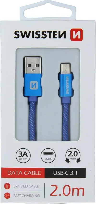 Кабел за податоци Swissten USB A во USB C, 2 m, пренос 3A, црна